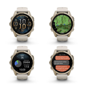 fenix 8 43mm AMOLED Sapphire Soft Gold W/ Fog Gray/Dark Sandstone Silicone Band Garmin
