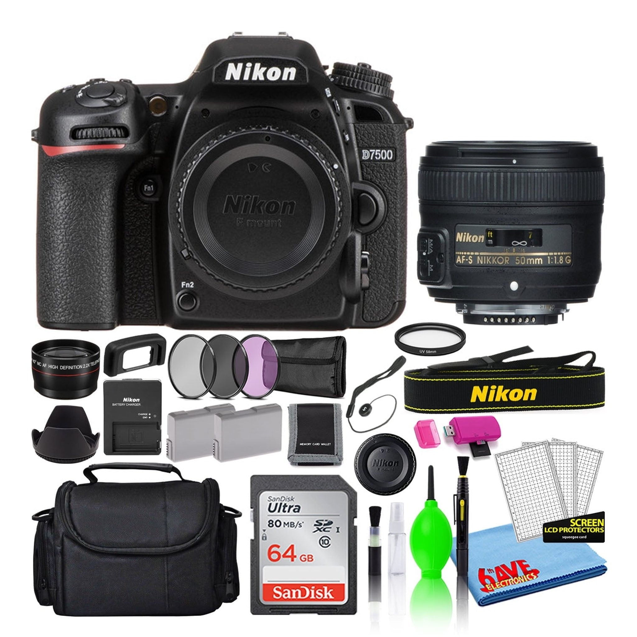 Nikon D7500 Digital Camera with 50mm f/1.8G Lens 1581 + 64GB Card + Bag Intl