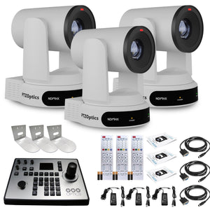 3 x PTZOptics Move 4K PTZ Camera with 30x Zoom White PT30X-4K-WH-G3 + PT-JOY-G4 Controller + 3 x Wall Mount PTZOptics
