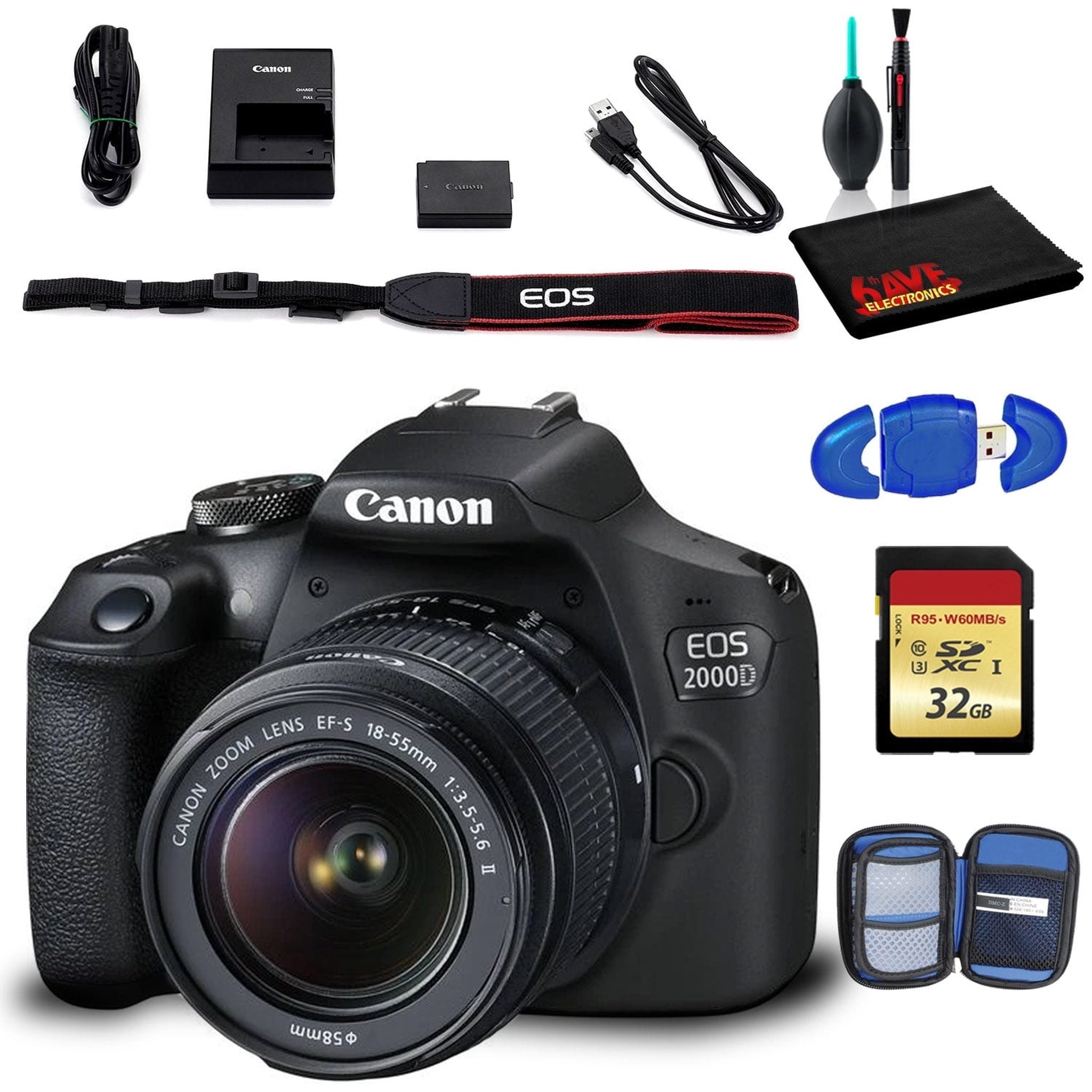 Canon EOS 2000D DSLR Camera with EF-S 18-55mm f/3.5-5.6 IS II Lens Intl Model with Cleaning Kit and 32GB Memory Kit Canon