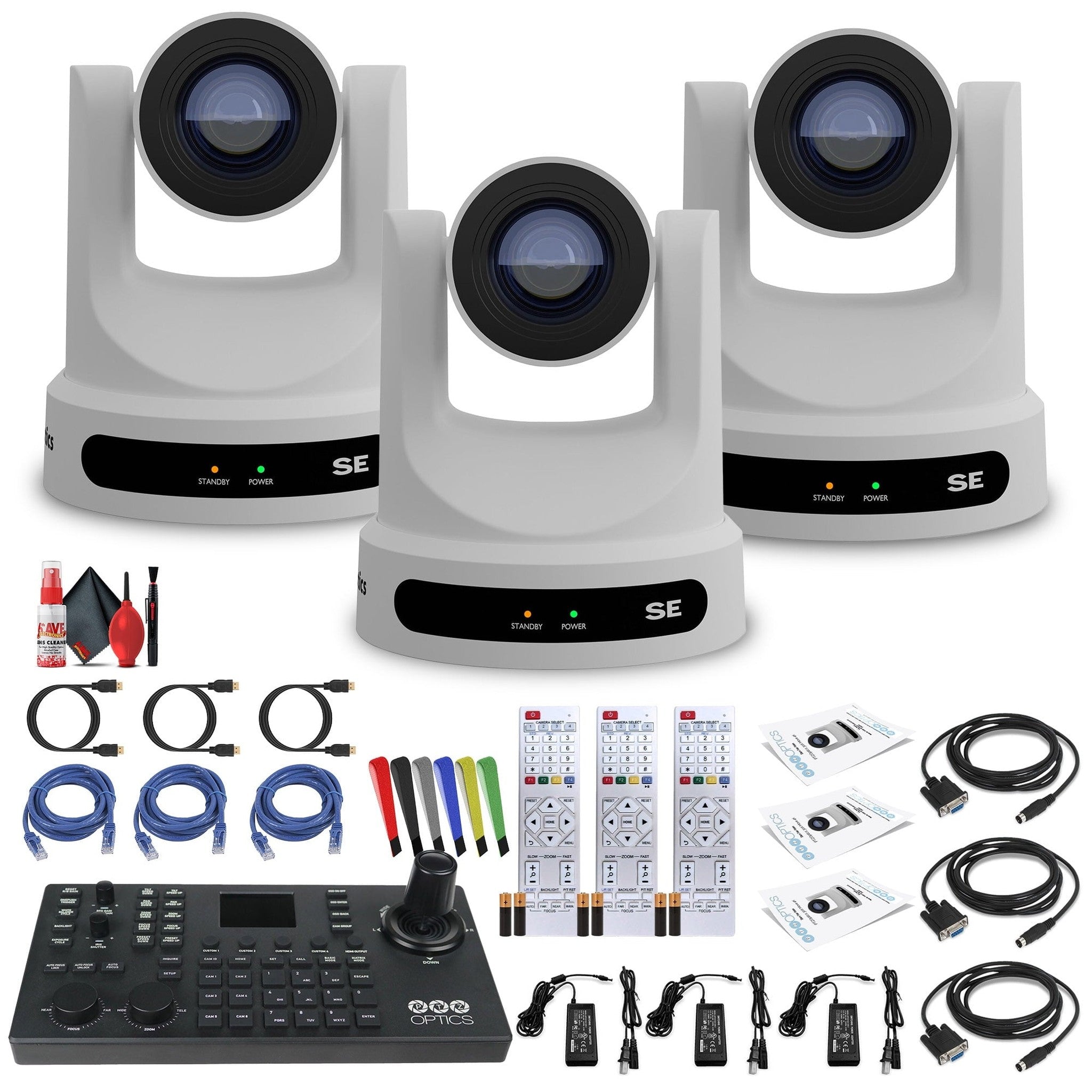 3 x PTZOptics Move SE PTZ Camera with 30x Optical Zoom White PT30X-SE-WH-G3 + PTZOptics SuperJoy PTZ Camera Joystick Controller PTZOptics