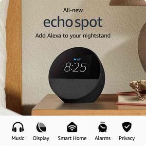 Echo Spot 2024 Smart alarm clock w/ vibrant sound and Alexa - Black + Screen Cleaning Kit Kindle