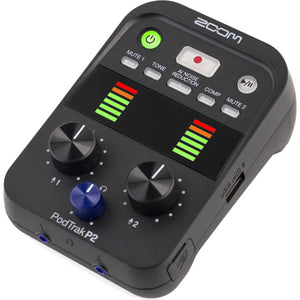 Zoom PodTrak P2 Dual USB Mic Recorder for Podcasters, 4xAA WITH CHARGER, Bundle