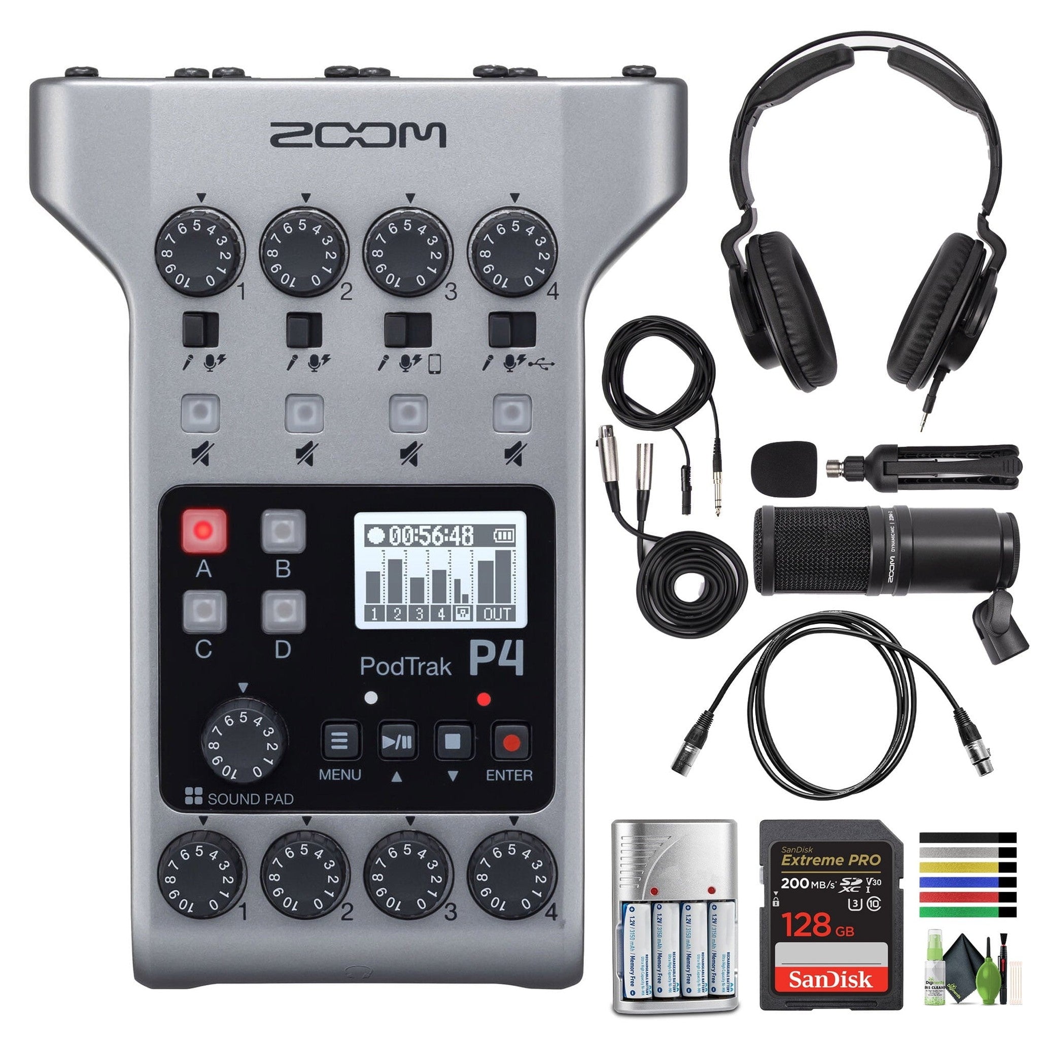 Zoom PodTrak P4 Podcast Recorder, Battery Powered, 4 Microphone Inputs, 4 Headphone Outputs, Phone and USB Input for Remote Interviews, Sound Pads, 2-In/2-Out Audio Interface Zoom