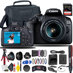 Canon EOS 2000D / Rebel T7 DSLR Camera With 18-55mm Lens + Sandisk Extreme Pro 64GB Card + Creative Filters + EOS Camera Bag + 6AVE Cleaning Set, + More International Model - Used Canon