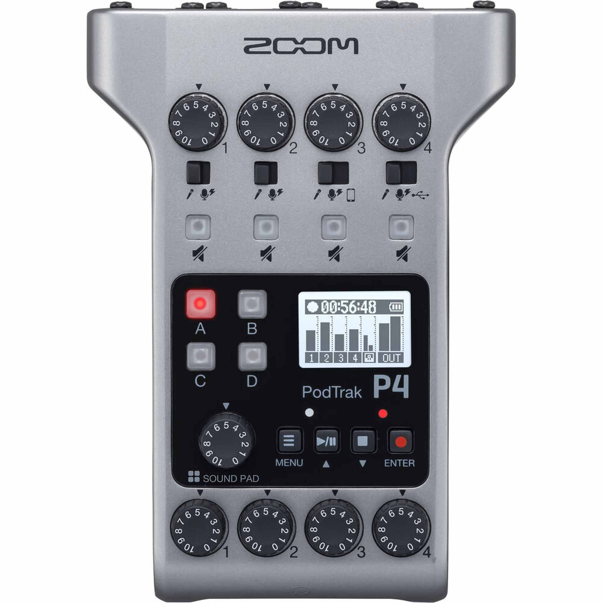 Zoom PodTrak P4 Podcast Recorder, Battery Powered, 4 Microphone Inputs, 4 Headphone Outputs, Phone and USB Input for Remote Interviews, Sound Pads, 2-In/2-Out Audio Interface Zoom