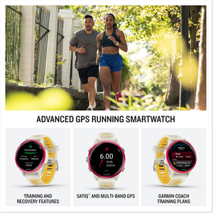 Garmin Forerunner 570 Running Smartwatch, 42MM WiFi, GPS Fitness Smart Watch For Men And Women, Raspberry Aluminum with Translucent Bone/Mango Band, Bundle