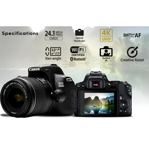 Canon EOS 250D / Rebel SL3 DSLR Camera with 18-55mm Lens Black + Creative Filter Set, EOS Camera Bag + Sandisk Ultra 64GB Card + Electronics Cleaning Set, And More International Model - Used Canon