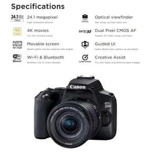 Canon EOS 250D / Rebel SL3 DSLR Camera with 18-55mm Lens Black + Creative Filter Set, EOS Camera Bag + Sandisk Ultra 64GB Card + Electronics Cleaning Set, And More International Model - Used Canon