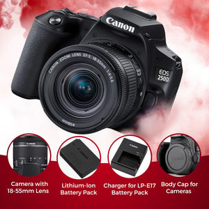 Canon EOS 250D / Rebel SL3 DSLR Camera with 18-55mm Lens Black + Creative Filter Set, EOS Camera Bag + Sandisk Ultra 64GB Card + Electronics Cleaning Set, And More International Model - Used Canon