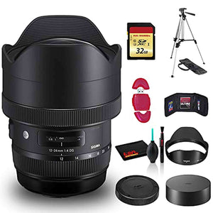 Sigma 12-24mm f/4 DG HSM Art Lens for Nikon F with Cleaning Kit, 57" Full Size Tripod, and 32GB Memory Card Kit Bundle Sigma