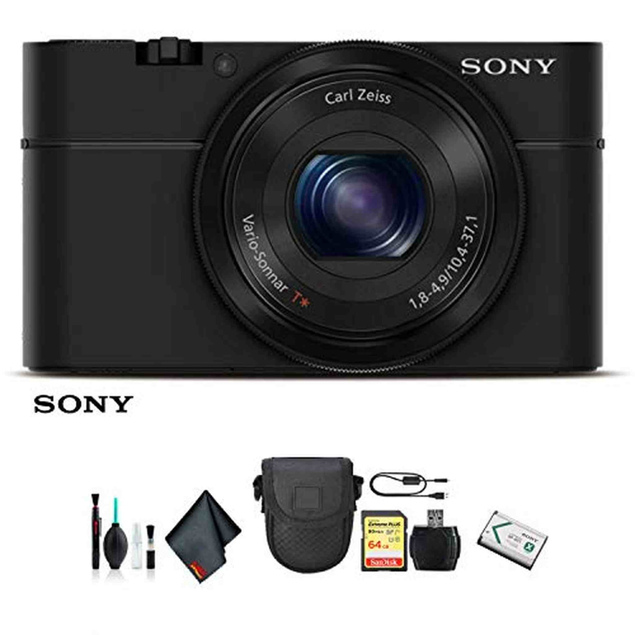 Sony Cyber-shot DSC-RX100 Camera DSCRX100/B With Soft Bag, 64GB Memory Card, Card Reader , Plus Essential Accessories