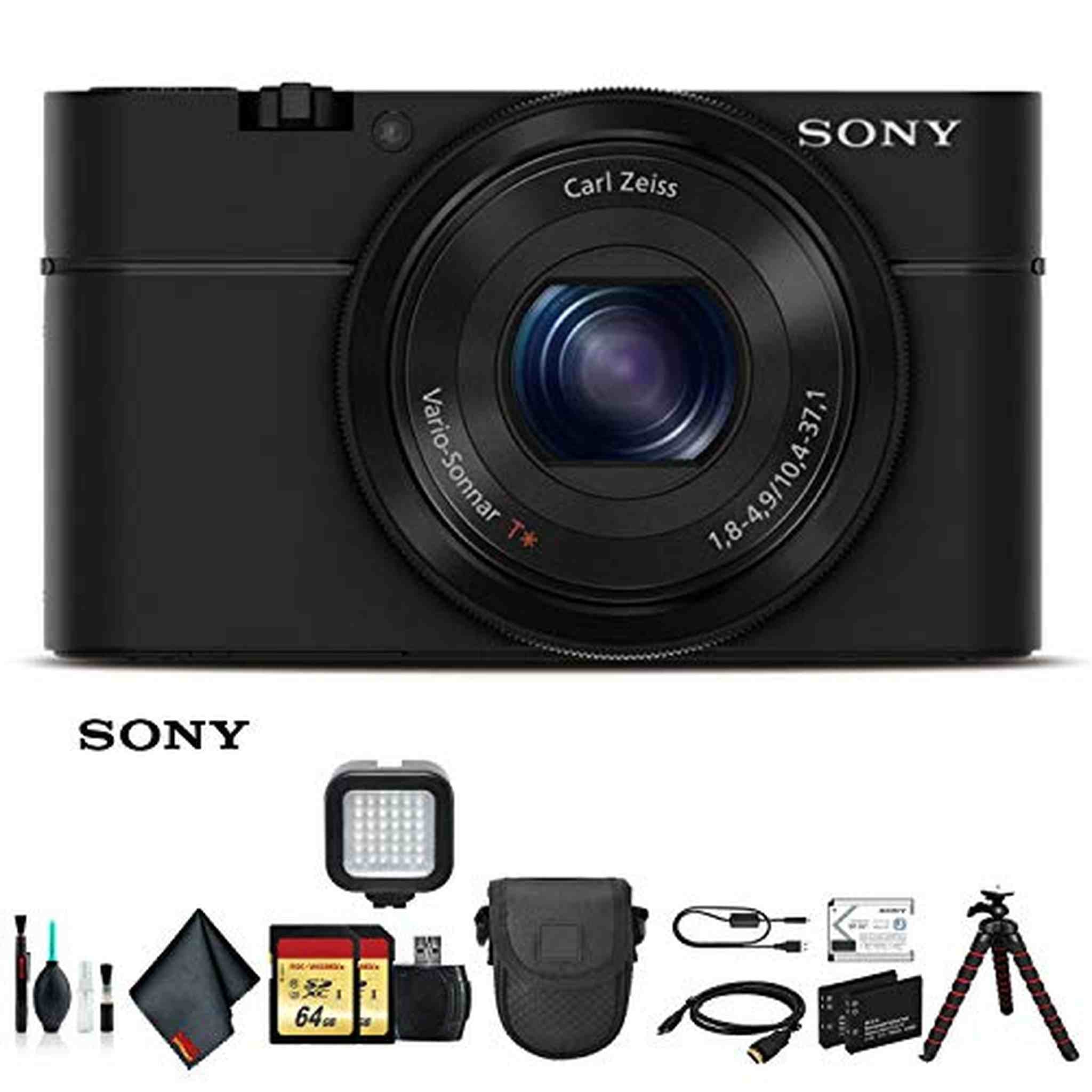Sony Cyber-shot DSC-RX100 Camera DSCRX100/B With Soft Bag, Tripod, 2x Extra Batteries, LED Light, 2x 64GB Memory Card, Card Reader , Plus Essential Accessories