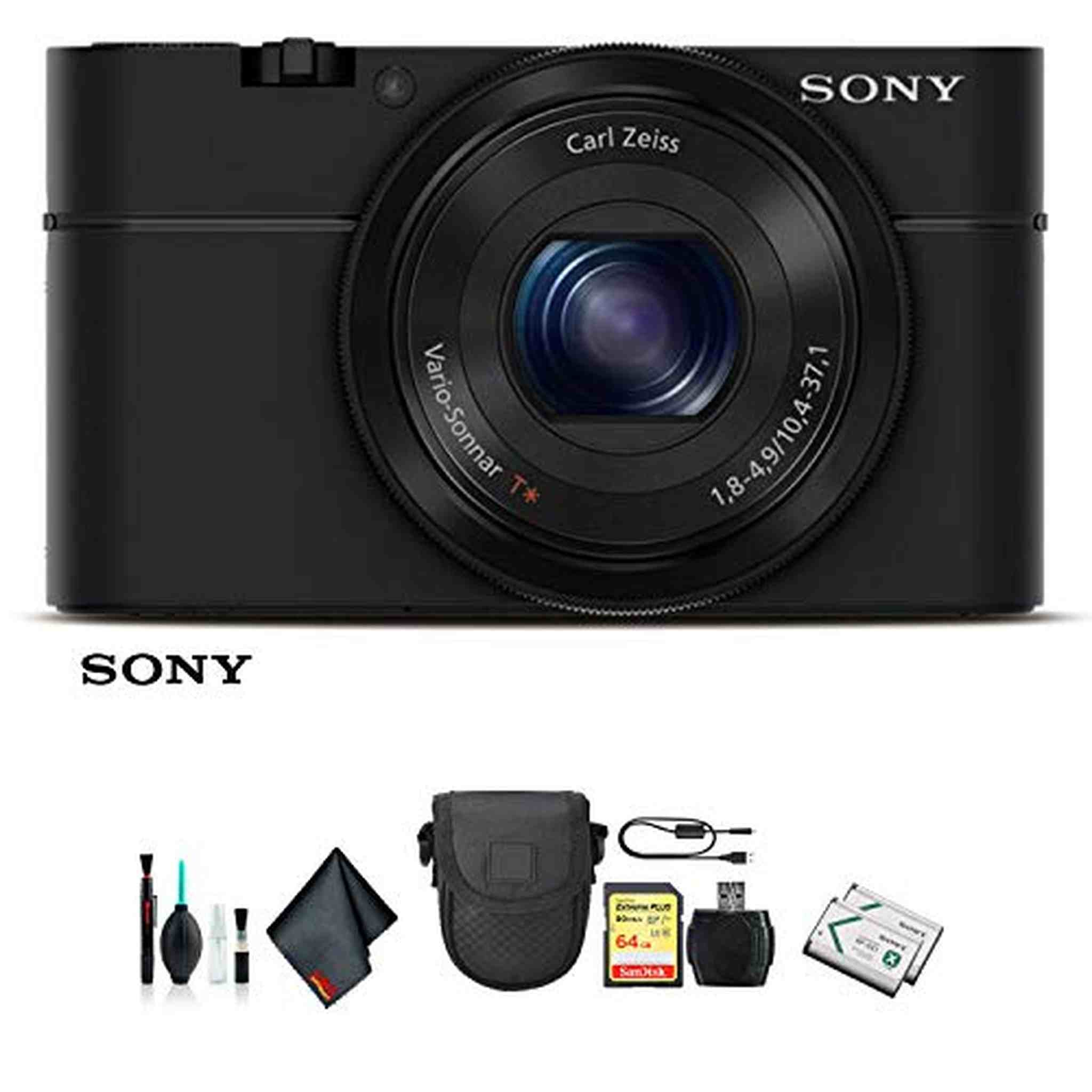 Sony Cyber-shot DSC-RX100 Camera DSCRX100/B With Soft Bag, Additional Battery, 64GB Memory Card, Card Reader , Plus Essential Accessories