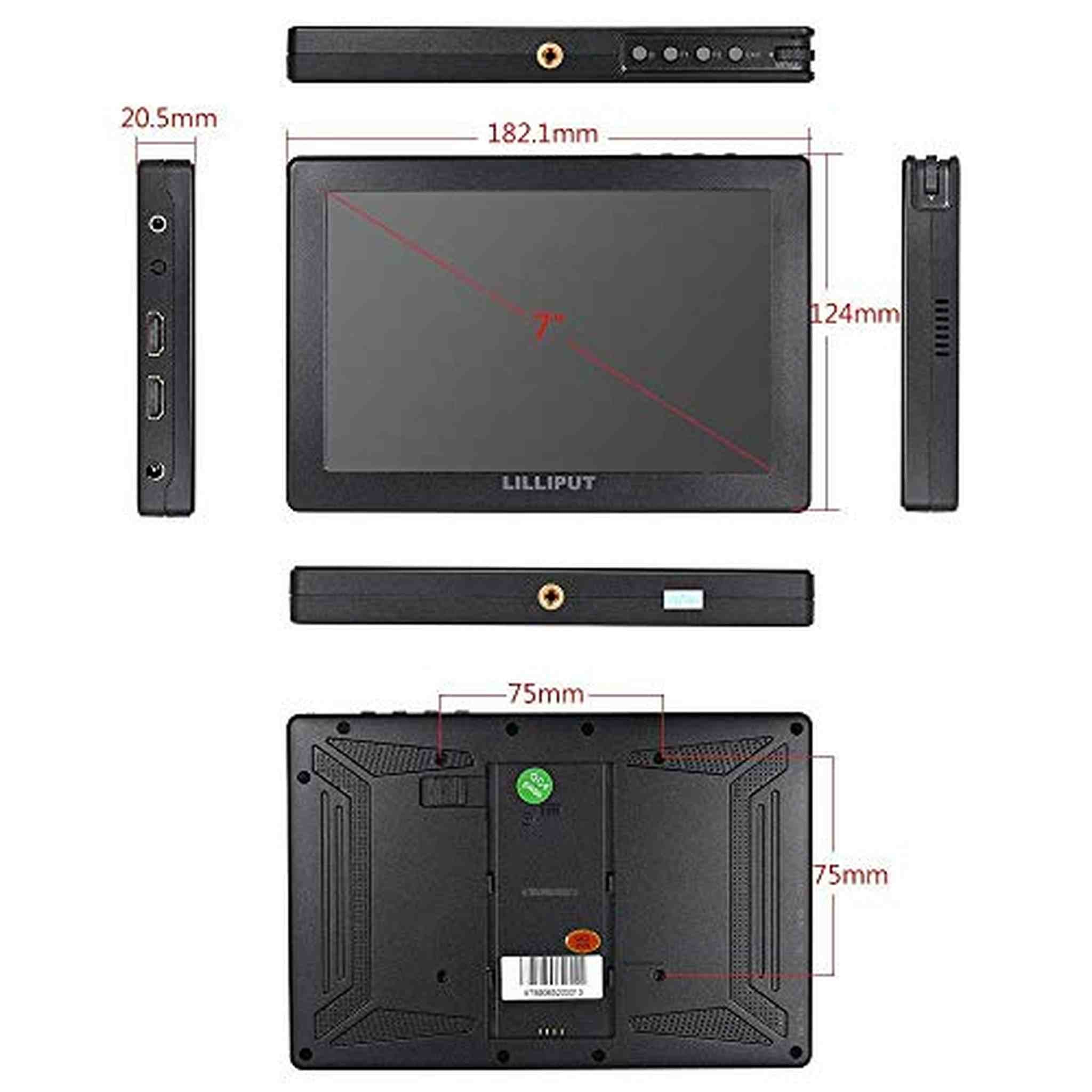 Lilliput A7S Full HD 7 Inch IPS Video Camera Field Monitor w/ 4K Support Black Case HDMI Ports Advanced Bundle w/ Stabilizing Handle, Tripod, HDMI Lilliput