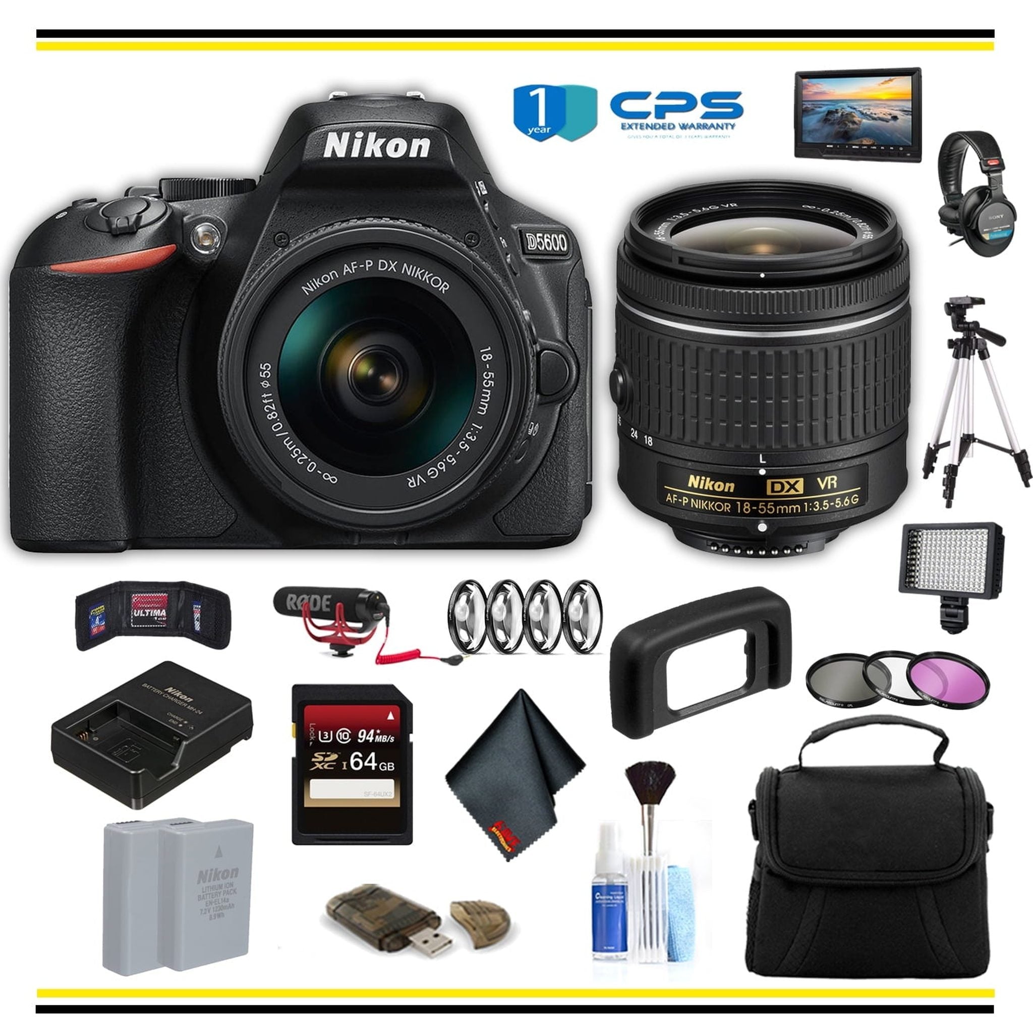 Nikon D5600 DSLR Camera with 18-55mm Lens 1576 Advanced Bundle W/ Bag, Extra Battery, LED Light, Mic, Filters and More- International Model Nikon