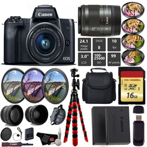 Canon EOS M50 Mirrorless Digital Camera with 15-45mm Lens + UV FLD CPL Filter Kit + 4 PC Macro Kit + Wide Angle & Teleph Canon