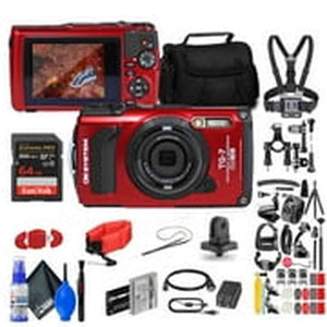 OM SYSTEM Tough TG-7 Red Waterproof Camera, W/ 50 Piece Kit + Extra Battery + More OM SYSTEM