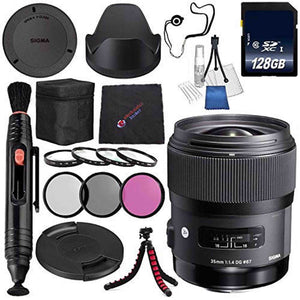 Sigma 35mm f/1.4 DG HSM Art Lens for Nikon DSLR Cameras #340306 + 67mm 3 Piece Filter Kit + 128GB SDXC Memory Card + Lens Pen Cleaner Bundle