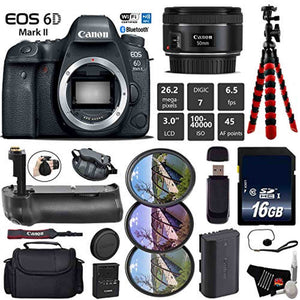 Canon EOS 6D Mark II DSLR Camera with 50mm f/1.8 STM Lens + Professional Battery Grip + UV FLD CPL Filter Kit + Case Base Bundle Canon