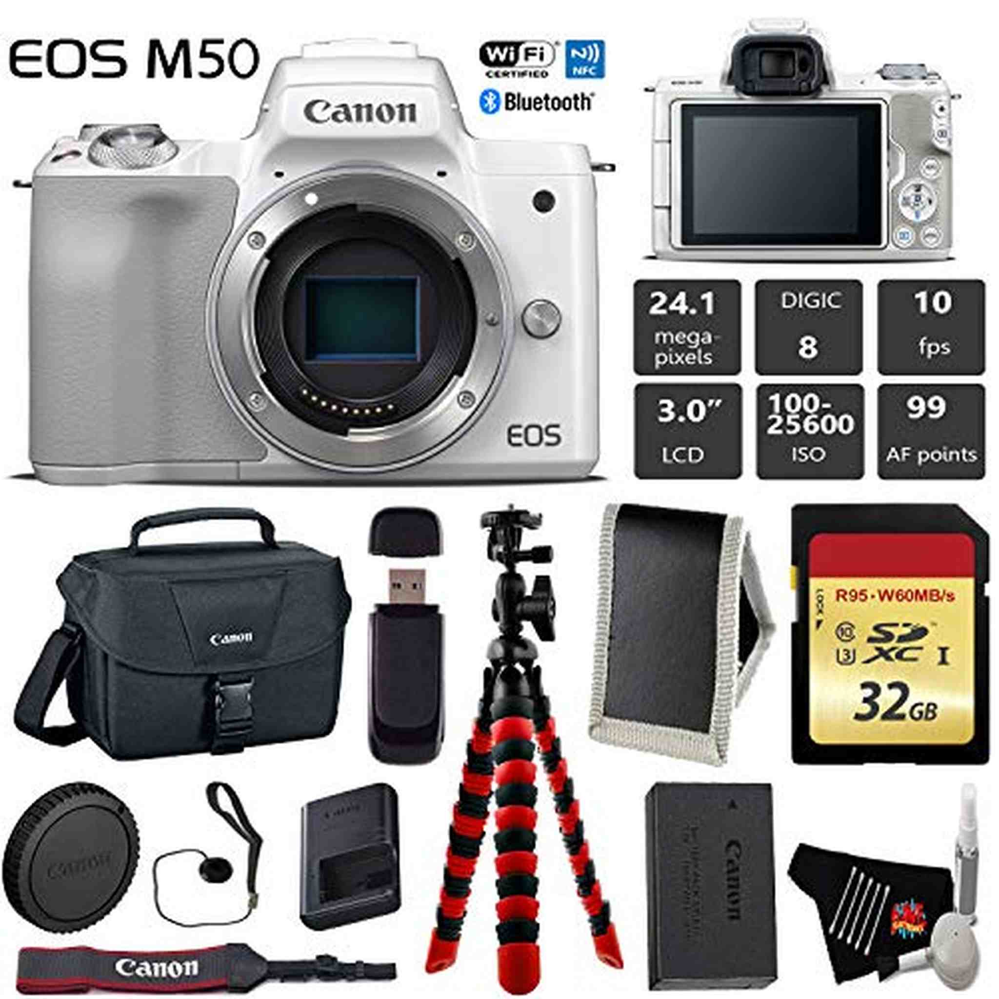 Canon EOS M50 Mirrorless Digital Camera White, Body Only + 32GB Class 10 Memory Card + Canon Camera Case + Flexible Tr