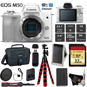 Canon EOS M50 Mirrorless Digital Camera White, Body Only + 32GB Class 10 Memory Card + Canon Camera Case + Flexible Tr