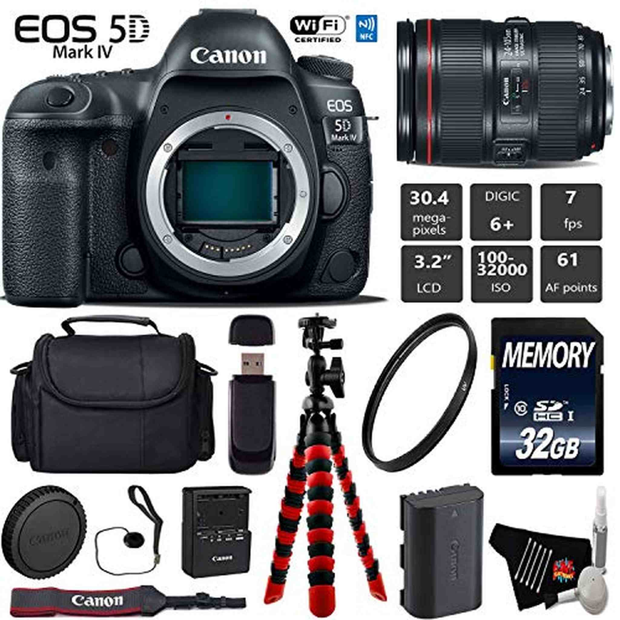 Canon EOS 5D Mark IV DSLR Camera with 24-105mm f/4L II Lens + Wireless Remote + UV Protection Filter + Case Starter Bundle Canon