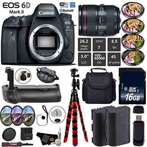 Canon EOS 6D Mark II DSLR Camera with 24-105mm f/4L II Lens + Professional Battery Grip + 4PC Macro Filter Kit + LED Kit Base Bundle