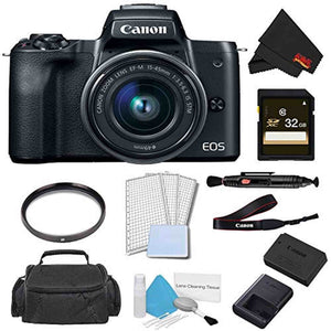 Canon EOS M50 Mirrorless Digital Camera with 15-45mm Lens Black Advanced Bundle w/ 32GB Memory Card - International Mo Canon