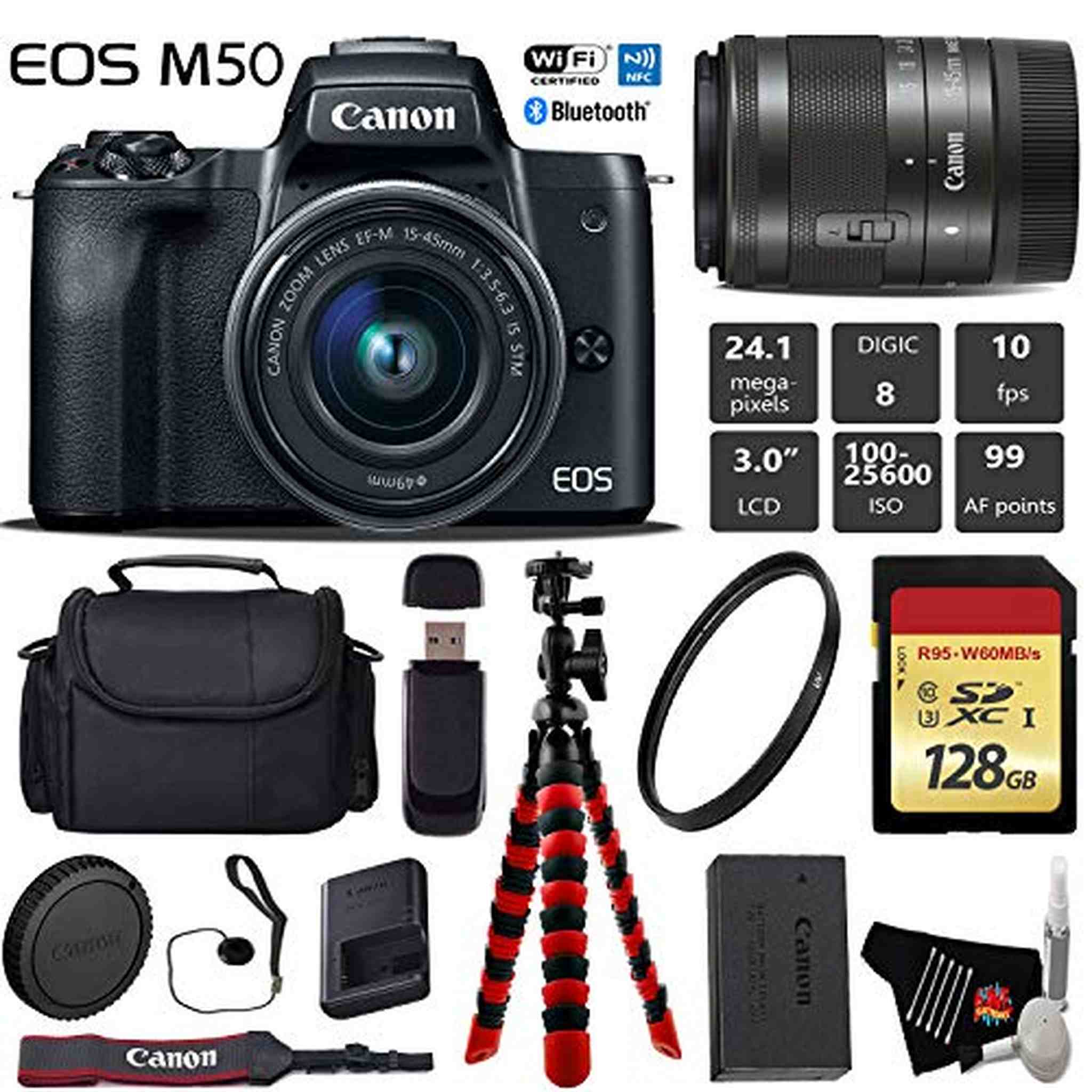 Canon EOS M50 Mirrorless Digital Camera with 15-45mm Lens + Flexible Tripod + UV Protection Filter + Professional Case +