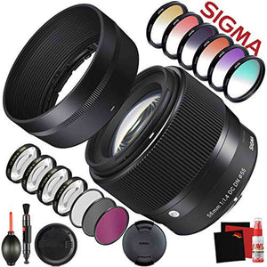Sigma 56mm f/1.4 DC DN Contemporary Lens for Sony E 351965 With FLD Filter, CPL Filter, UV Filter - Color Graduated Filter Kit - Close Up Filter Kit and Cleaning Accessories Bundle Sigma