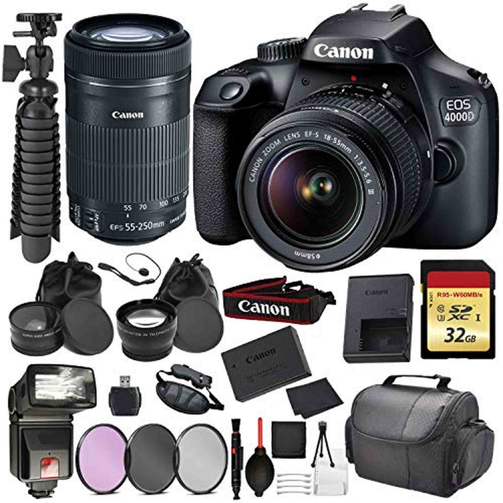 Canon EOS Rebel 4000D Digital SLR Camera with EF-S 18-55mm + EF-S 55-250mm STM Black Essential Accessory Bundle Packag Canon