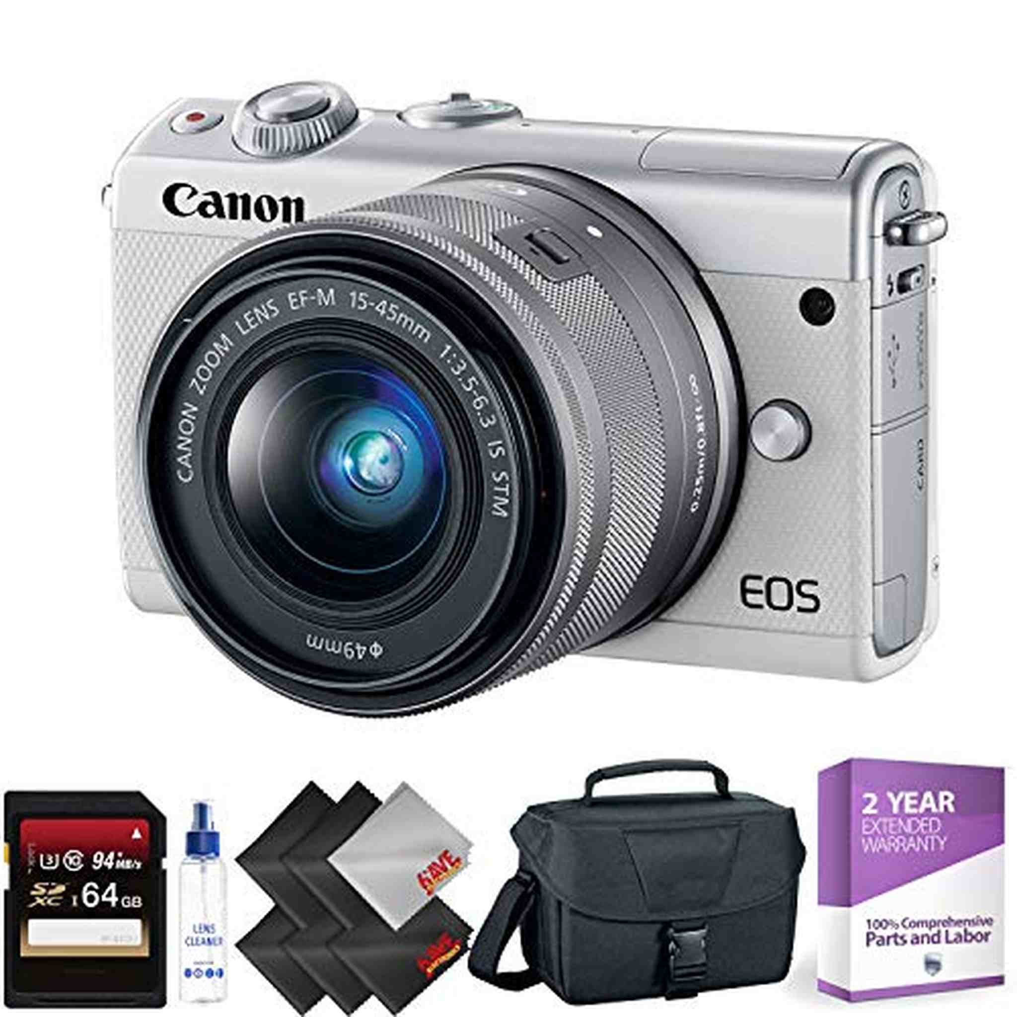 Canon EOS M100 Mirrorless Digital Camera with 15-45mm Lens White + 64GB Memory Card + 1 Year Warranty