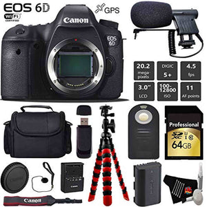 Canon EOS 6D DSLR Camera Body Only + Wireless Remote + Condenser Microphone + Case + Wrist Strap + Tripod + Card Reade Canon