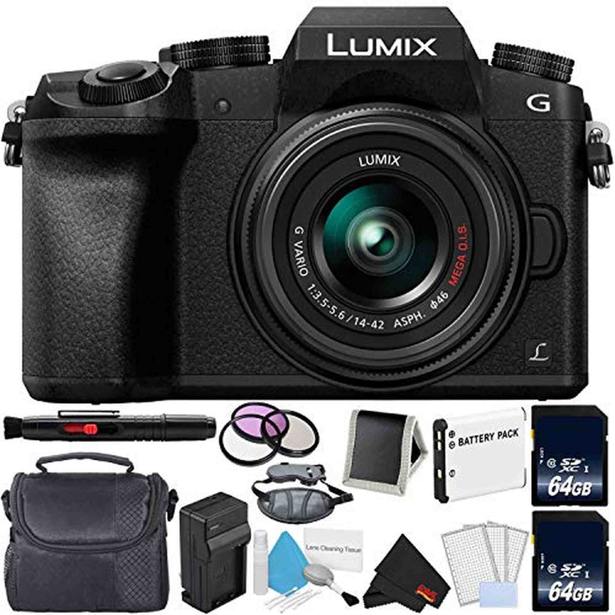 Panasonic Lumix DMC-G7 Mirrorless Digital Camera with 14-42mm Lens - Bundle with 2X 64GB Memory Cards, Professional Filt Panasonic