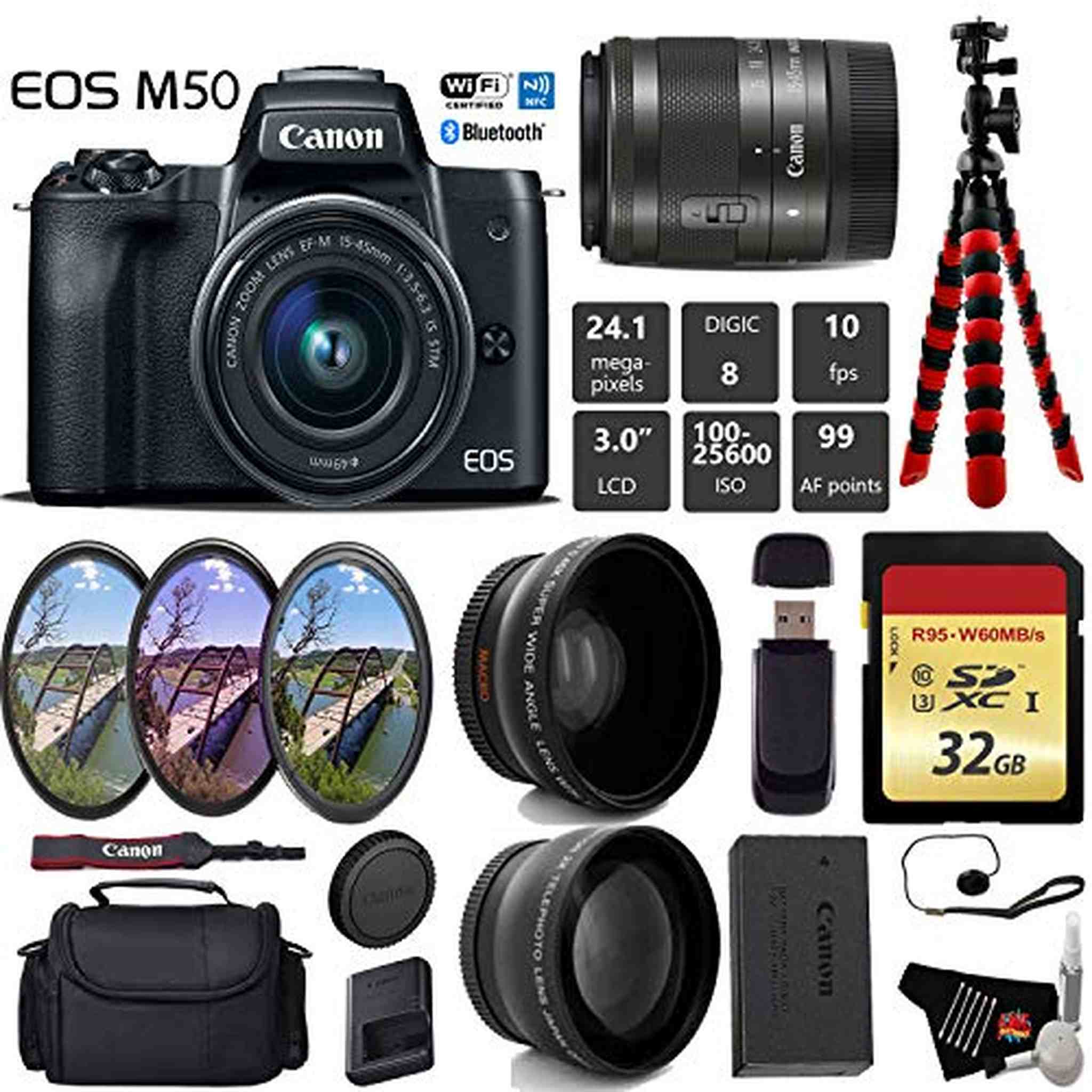 Canon EOS M50 Mirrorless Digital Camera with 15-45mm Lens + UV FLD CPL Filter Kit + Wide Angle & Telephoto Lens + Camera Canon