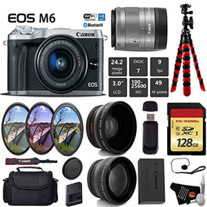 Canon EOS M6 Mirrorless Digital Camera Silver with EF-M 15-45mm is STM Lens + UV FLD CPL Filter Kit + Wide Angle & Tel Canon