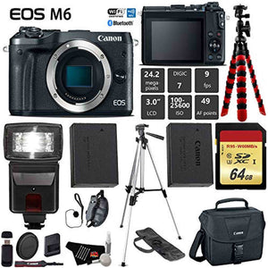 Canon EOS M6 Mirrorless Digital Camera Black, Body Only + 64GB Class 10 Memory Card + Flash + Canon Camera Case + Flex Canon