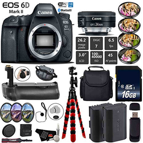 Canon EOS 6D Mark II DSLR Camera With 24mm 2.8 STM Lens + Professional Battery Grip + 4PC Macro Filter Kit + LED Kit Base Bundle