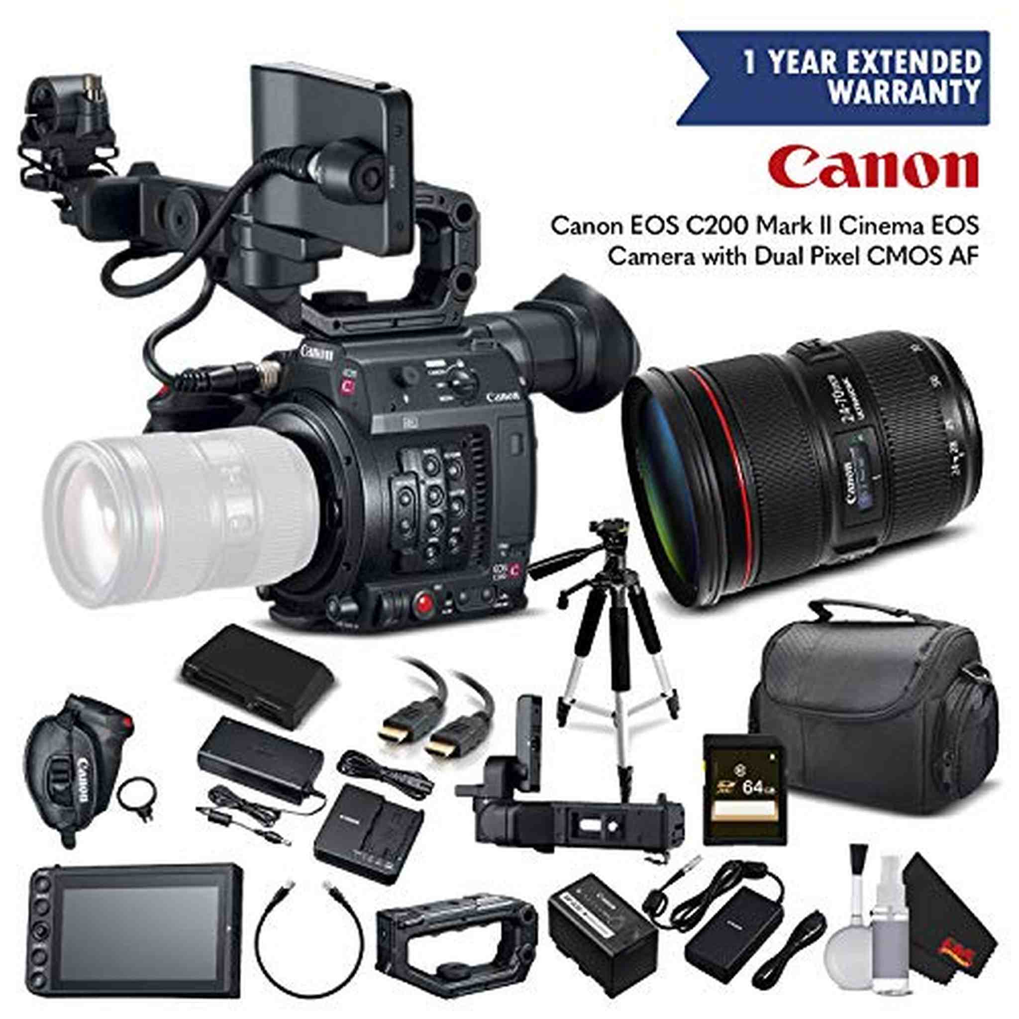 Canon EOS C200 Cinema Camera 2215C002 & 24-70mm f/2.8L II USM Lens with Memory Card, Case, Tripod, and Extended Warranty