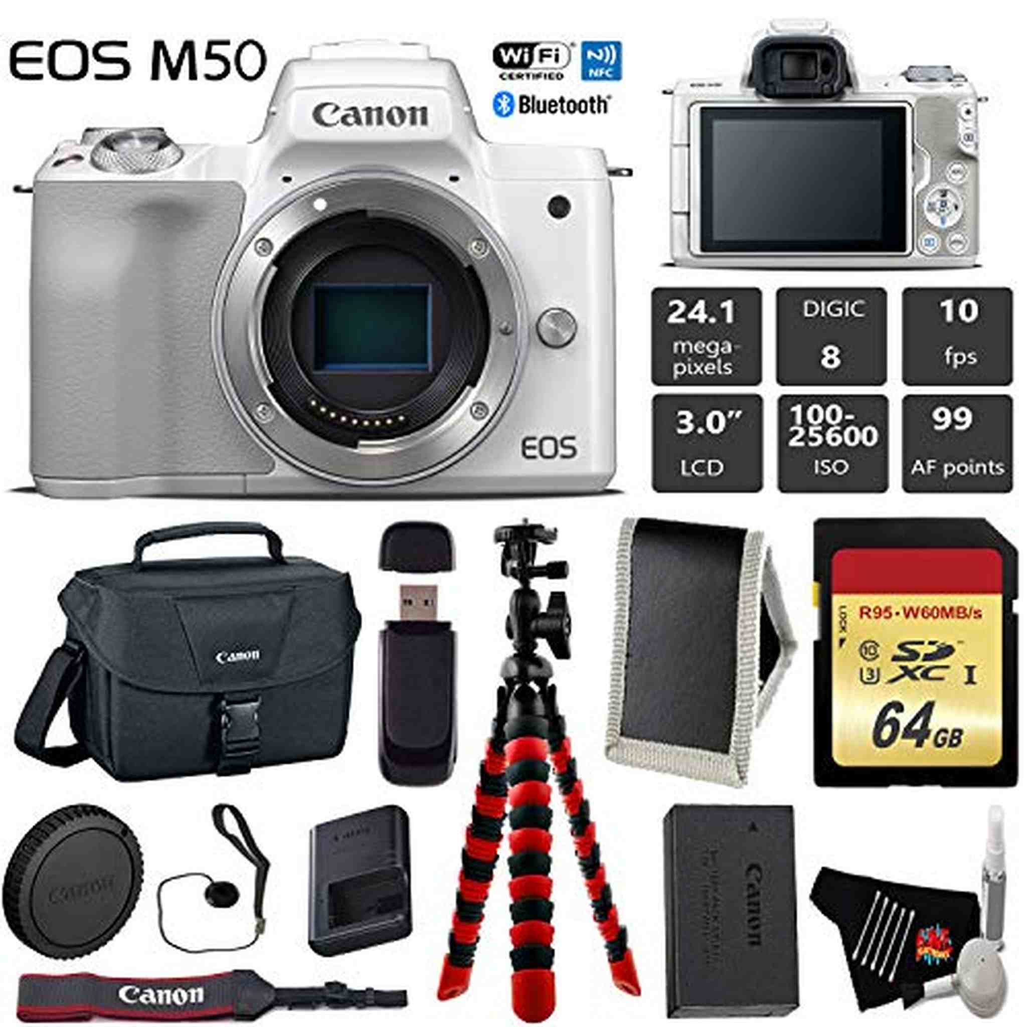 Canon EOS M50 Mirrorless Digital Camera White, Body Only + 64GB Class 10 Memory Card + Canon Camera Case + Flexible Tr