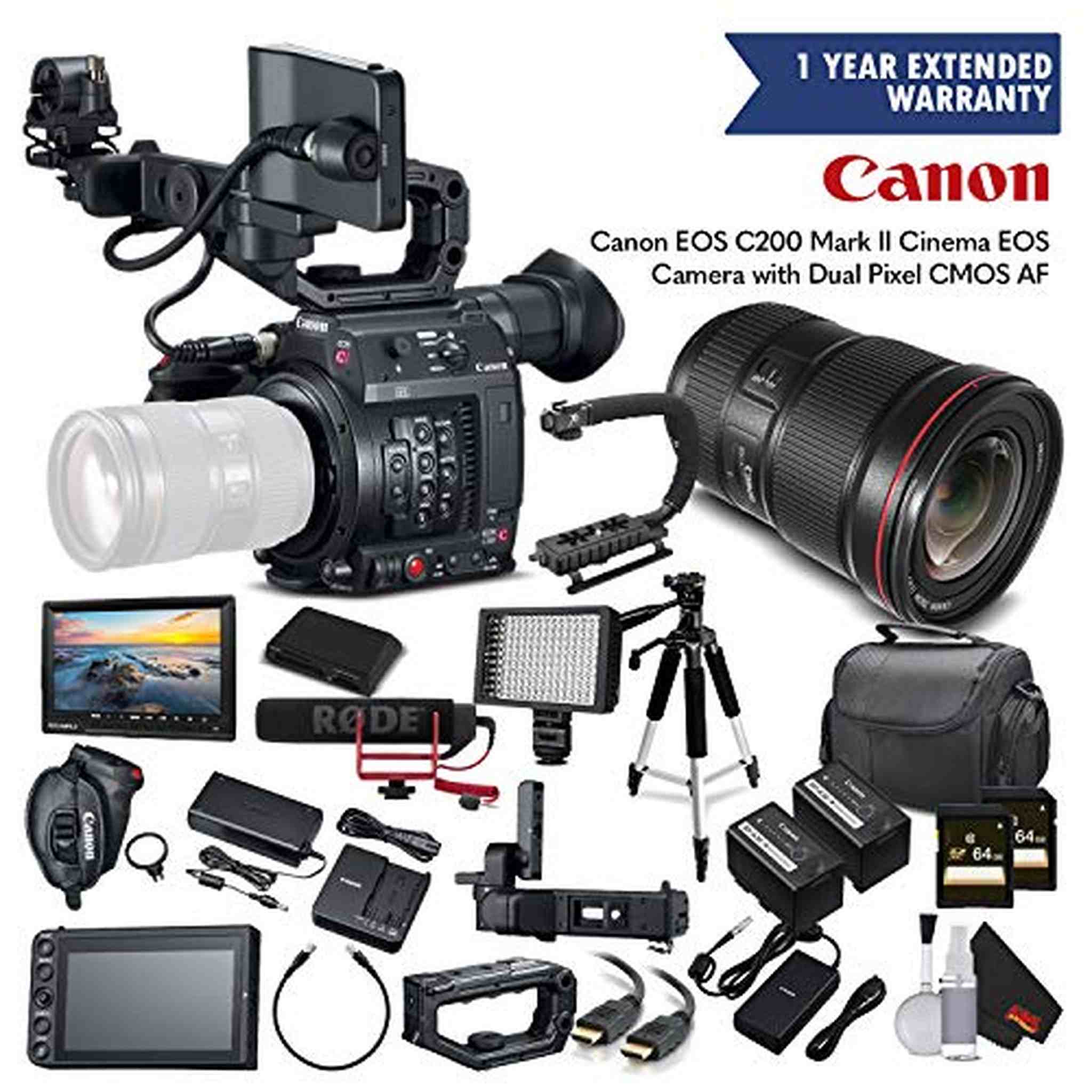Canon EOS C200 Cinema Camera 2215C002 & 16-35mm f/2.8L II USM Lens with 2 Memory Cards, 2 Extra Batteries, Mic, Case, Le
