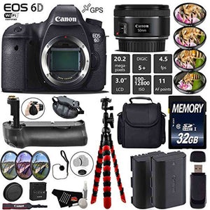 Canon EOS 6D DSLR Camera with 50mm f/1.8 STM Lens + Professional Battery Grip + 4PC Macro Filter Kit + LED Kit + Extra B Canon