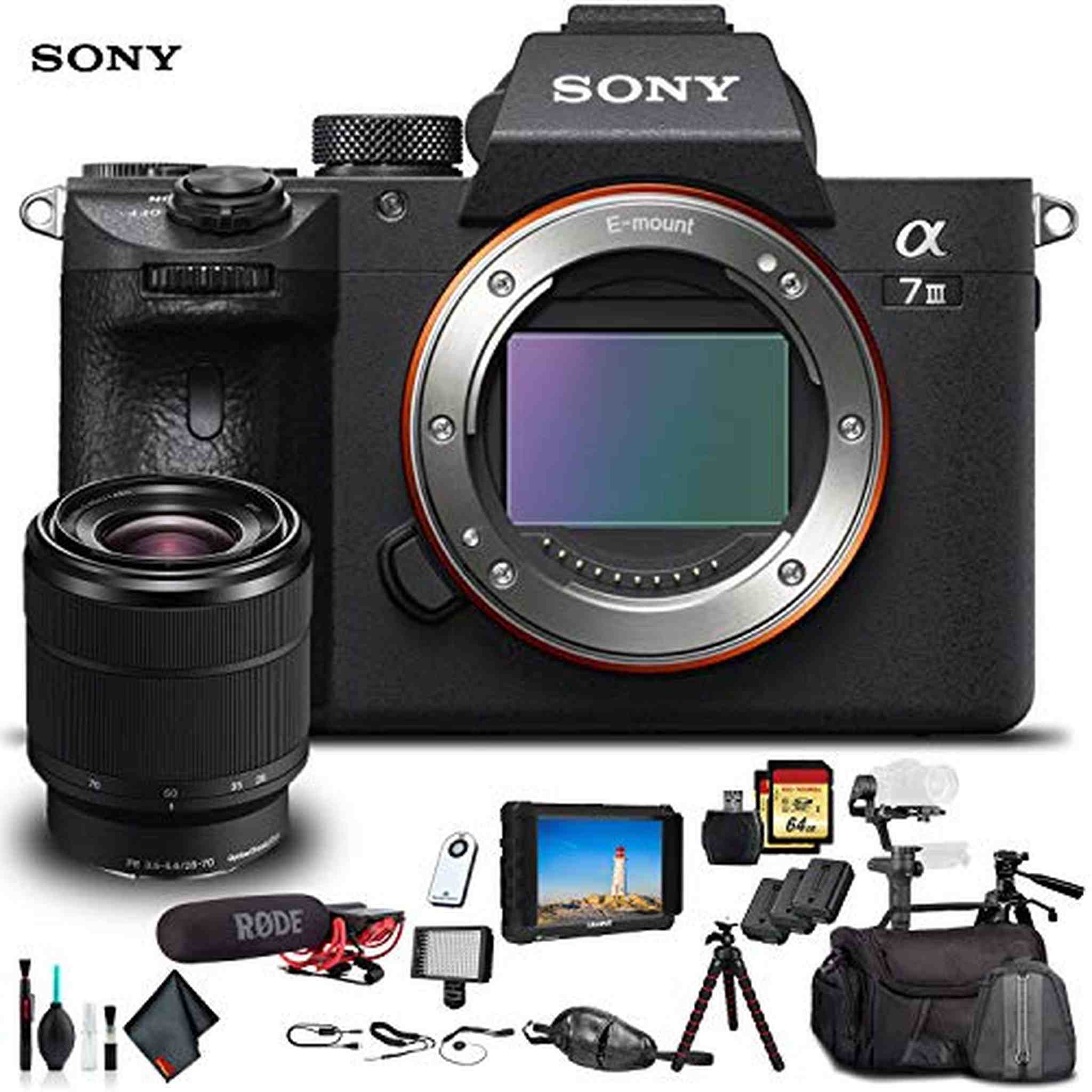 Sony Alpha a7 III Mirrorless Camera W/ 28-70mm Lens ILCE7M3K/B W/ Soft Bag, Zhiyun-Tech WEEBILL Stabilizer, Tripod, 2x Extra Batteries, Rode Mic, LED Light, 2x 64GB Cards, External Monitor and More.