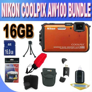 Nikon COOLPIX AW100 16 MP CMOS Waterproof Digital Camera with GPS and Full HD 1080p Video Orange + 16GB Memory Card + SDHC USB Card Reader + Floating Strap + Shock Proof Deluxe Case w/Strap + Cleani Nikon