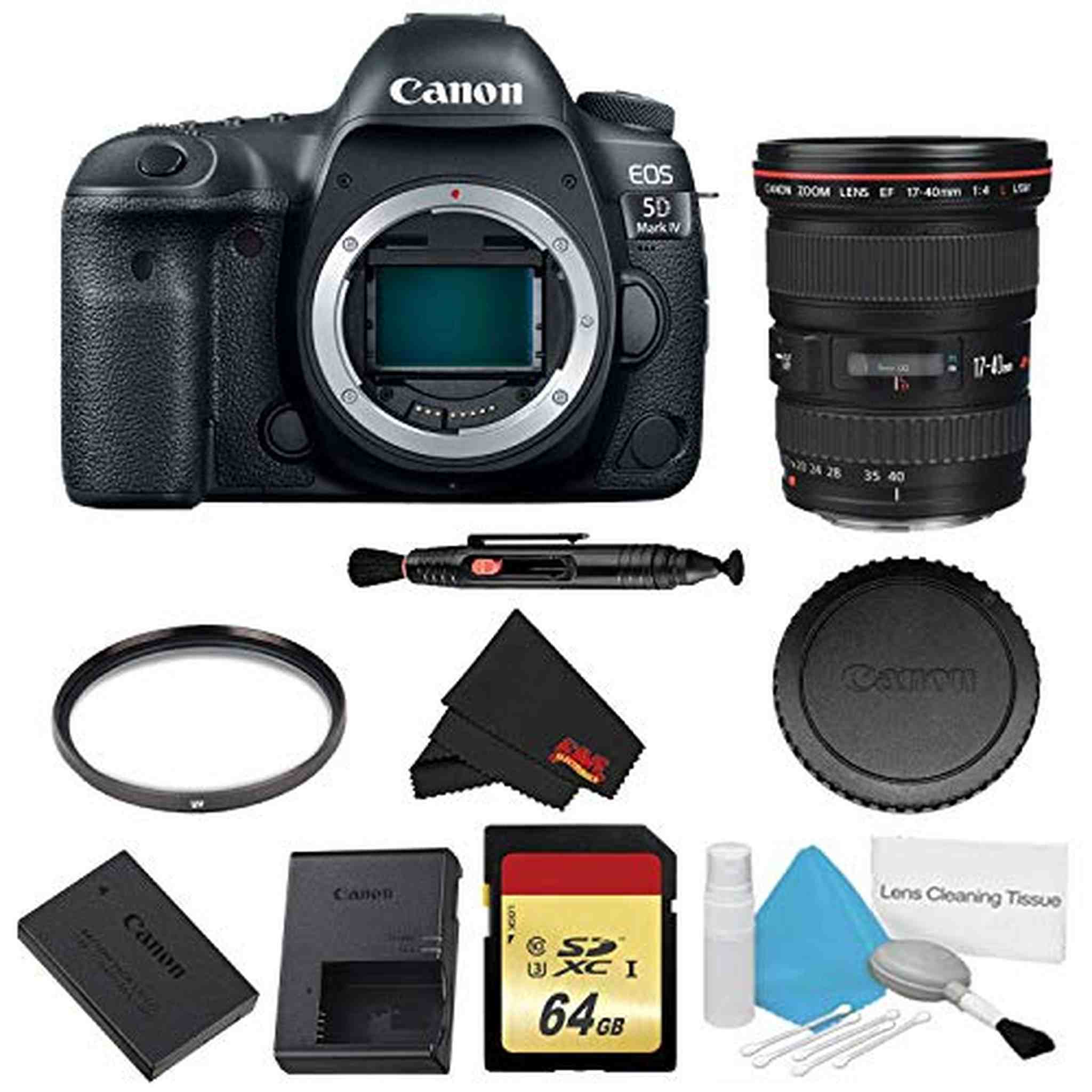 Canon EOS 5D Mark IV DSLR Camera Body Only Basic Filter + Memory Kit w/ 17-40mm 4.0 USM L Lens - International Model Canon