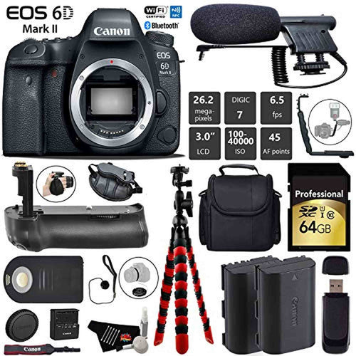 Canon EOS 6D Mark II DSLR Camera (Body Only) + Professional Battery Grip + Condenser Microphone + Extra Battery + Case Pro Bundle