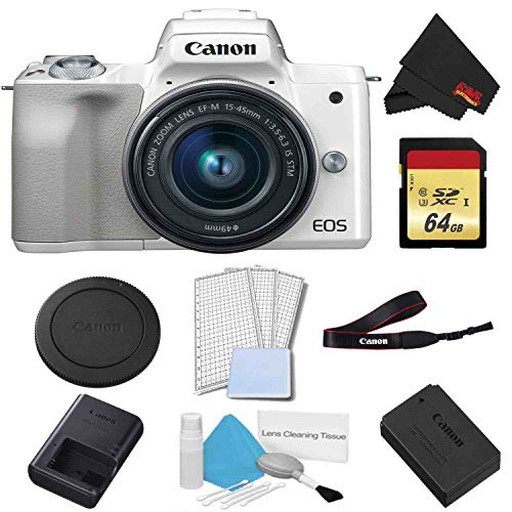 Canon EOS M50 Mirrorless Digital Camera with 15-45mm Lens White Basic Bundle w/ 64GB Memory Card - International Model