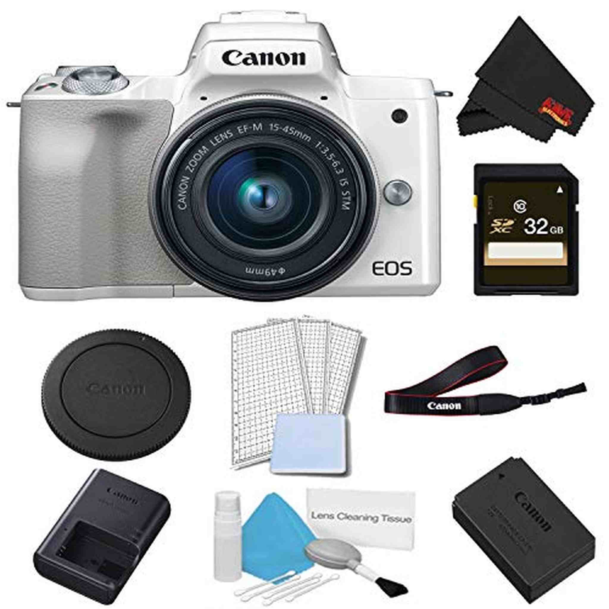 Canon EOS M50 Mirrorless Digital Camera with 15-45mm Lens White Basic Bundle w/ 32GB Memory Card - International Model