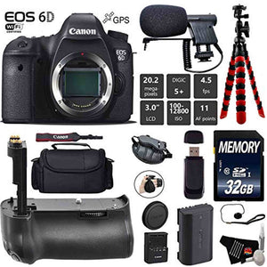 Canon EOS 6D DSLR Camera Body Only + Professional Battery Grip + Condenser Microphone + Case + Wrist Strap + Tripod + Canon